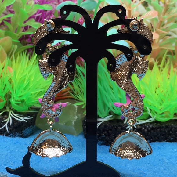 Enamel Seahorse Earrings with Rhinestones - Picture 8 of 8